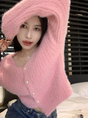 Real shot real price 4 colors / temperament imitation mink pearl button sweater double v-neck short knitted cardigan top women