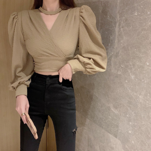 Real shot French fashion halter neck careful machine long-sleeved lantern sleeves all-match thin top