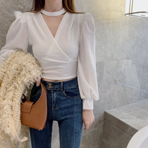 Real shot French fashion halter neck careful machine long-sleeved lantern sleeves all-match thin top