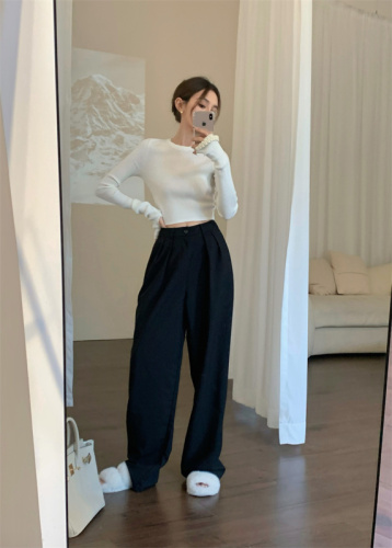 Real shot real price Retro thin knitted top + high waist straight wide leg trousers