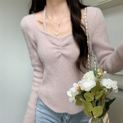 Real shooting real price autumn and winter new design irregular soft waxy plush knitted bottoming shirt with sweater inside