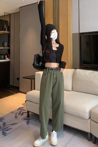 Real shooting real price 2022 autumn new women's Korean version high waist slim denim straight pants army green casual trousers