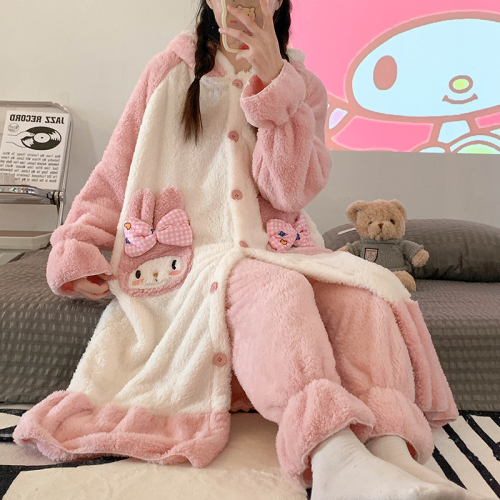 Real shot autumn and winter pajamas women's flannel nightgown thickened plus velvet coral velvet warm ins wind cute net red