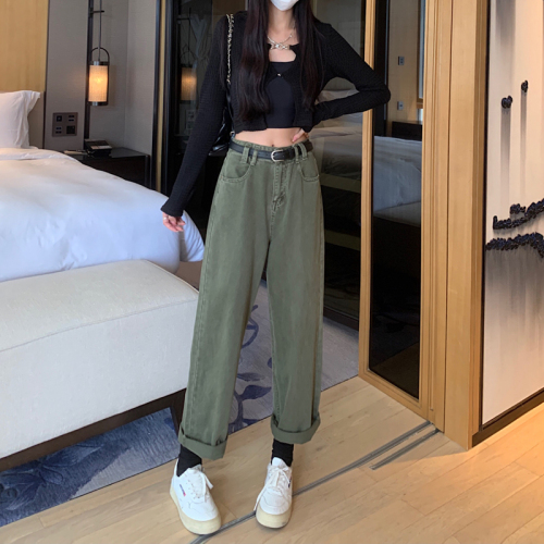 Real shooting real price 2022 autumn new women's Korean version high waist slim denim straight pants army green casual trousers