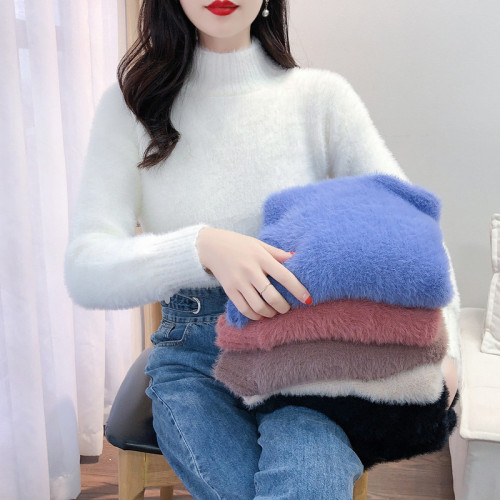 Half turtleneck mink fleece sweater women's short thickened warm bottoming shirt fluffy soft mohair top