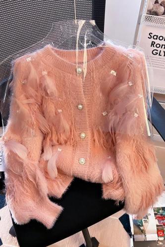 Real shot South Korea Dongdaemun GLYP net red small red book hand-ordered beads hot drill feather cardigan sweater women