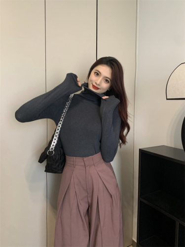 Autumn and winter new high-neck pullover long-sleeved thin solid color casual simple knitted bottoming shirt top