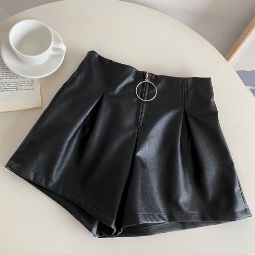 Real shot real price casual pants women's autumn high-waisted thin wide-leg pants black all-match leather boots pants shorts
