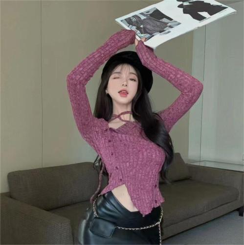 Korean version of irregular wool sweater  new autumn long-sleeved square-neck pullover slim knitted inner top women