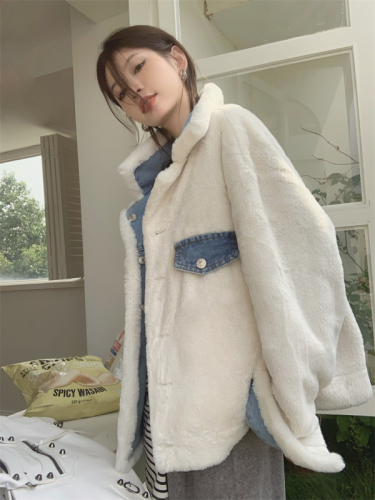 Real auction real price Heavy industry double-sided wear imitation mink plush stitching denim cotton warm jacket