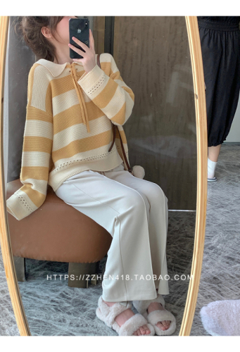 Striped sweater women's 2022 autumn new POLO collar sweater loose design lazy wind top