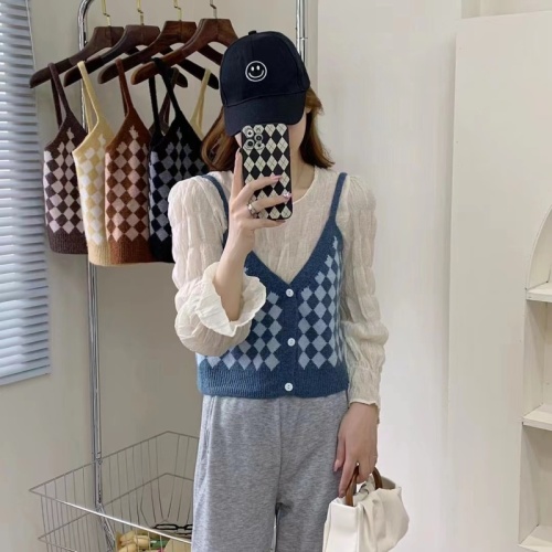 The new plaid sleeveless vest Korean version of the new v-neck single-breasted contrast color knitted vest sweater women