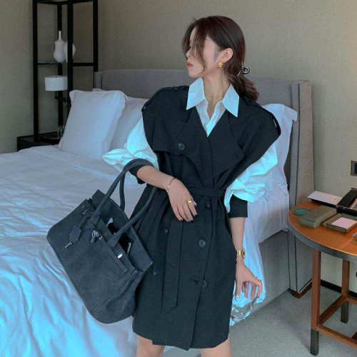 Two-piece suit female student ins style Korean style loose shirt + casual oversize double-breasted windbreaker vest