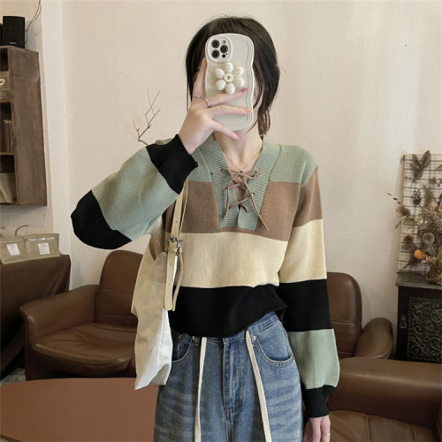 Real price real shot sweet hot girl short paragraph color contrast striped tie sweater women's autumn and winter loose long-sleeved knitted top