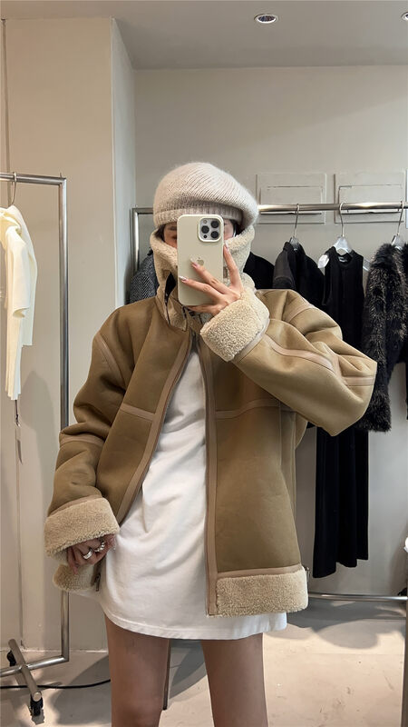 【IN.CHOOSE U】Large Lapel Fur Integrated Zipper Short Jacket 67385# CQW