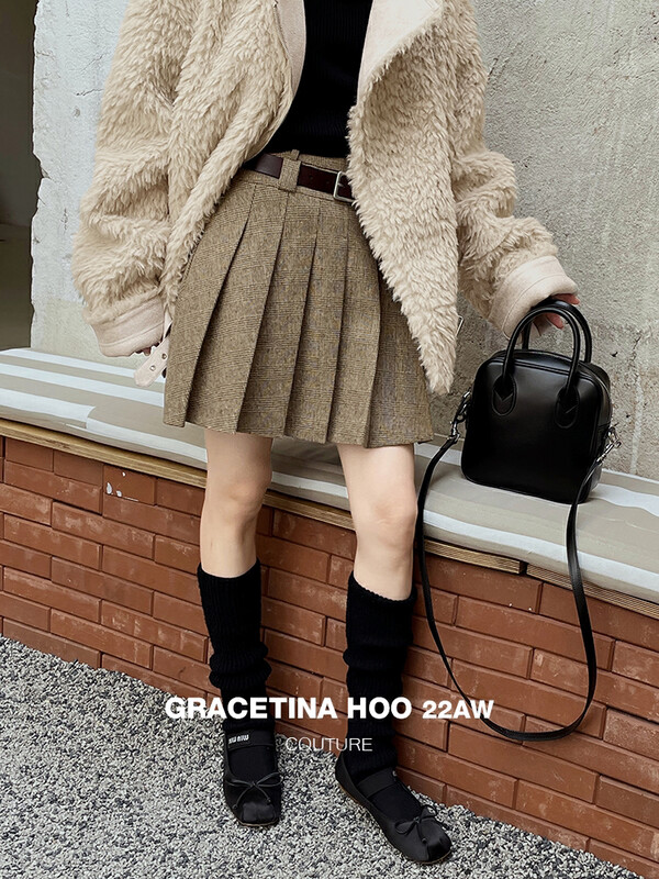 [GRACETINA HOO] Niche all-match double-waist thick woolen three-dimensional pleated slim skirt 50 wool classic plaid BQ2273