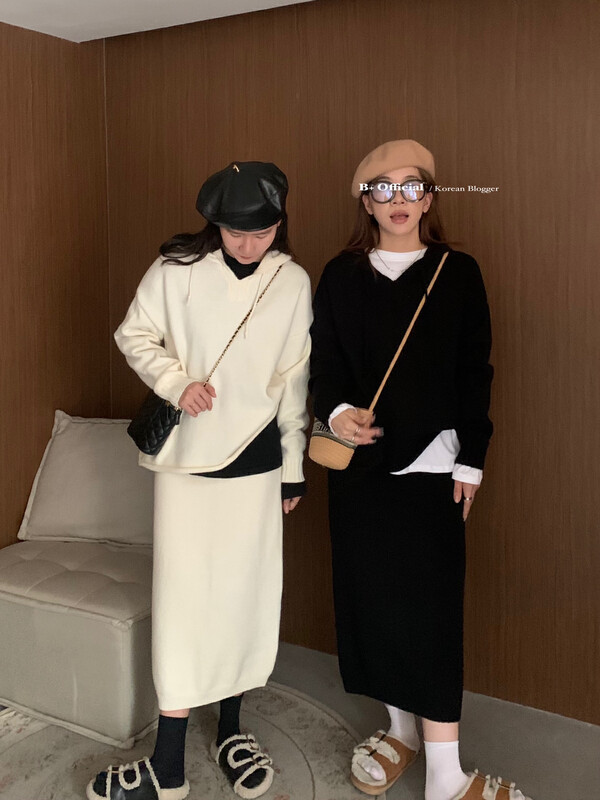 [B Plus] The same style of the Korean generation hooded casual lazy thickened knitted suit 22-8434-2