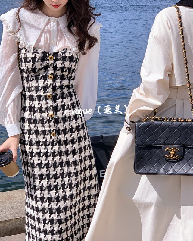 New in autumn!【C.VOGUE】French houndstooth dress with waist straps (shirt not included) Q3505# PCZ