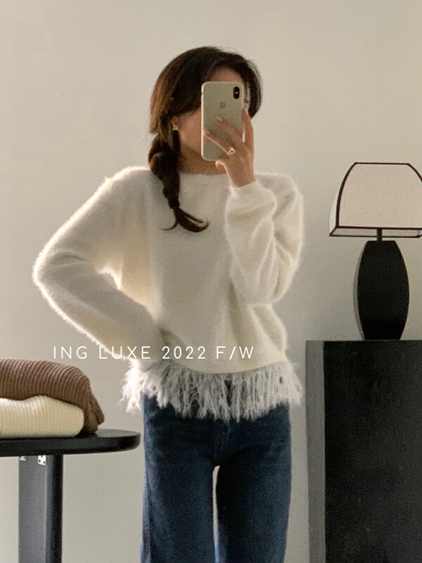 【ING】Korean ins hem fringed gentle round neck sweater w3972