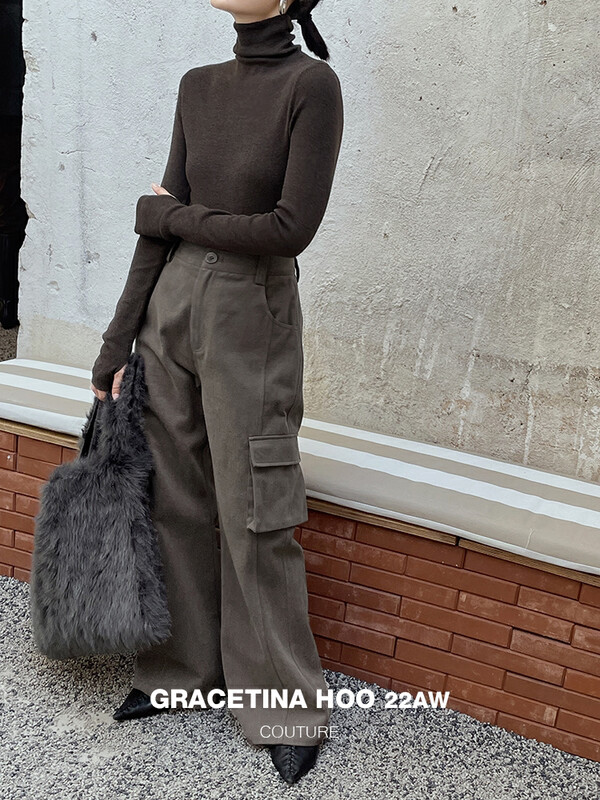 [GRACETINA HOO] Niche tooling retro pocket high waist casual pants thickened twill brushed K9284