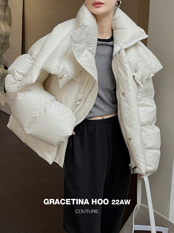 【GRACETINA HOO】French-style wrap double-layer stand-up collar windproof lazy loose silhouette all-match short down jacket (90 white duck down) Y181