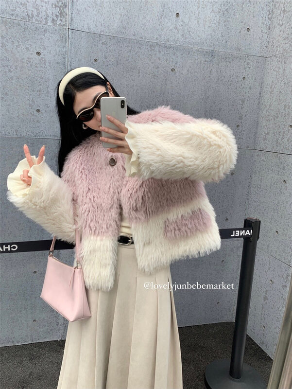 【DT CLASSIC】Round neck Xiaoxiang fur integrated color matching warm fur coat D5187# JHY