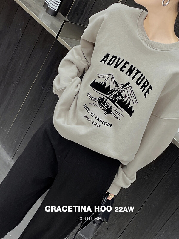 【GRACETINA HOO】Simple cross-thread neckline flocking printed decorative sweater thickened velvet feeling lazy loose loose and thin WY363