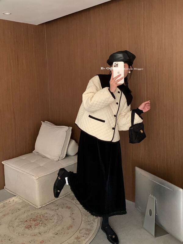 【B plus】French style simple and elegant small fragrance exquisite cotton jacket (with detachable woolen black collar) 22-8478-2