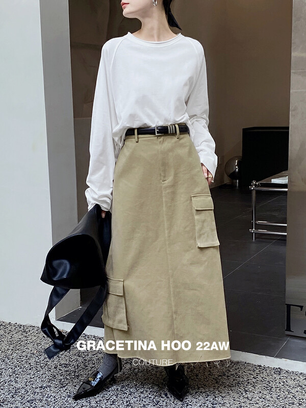 Original price 98.99! 【GRACETINA HOO】Retro High Waist Pocket Design Skirt Thick Twill Brushed Scattered Edge BQ6313