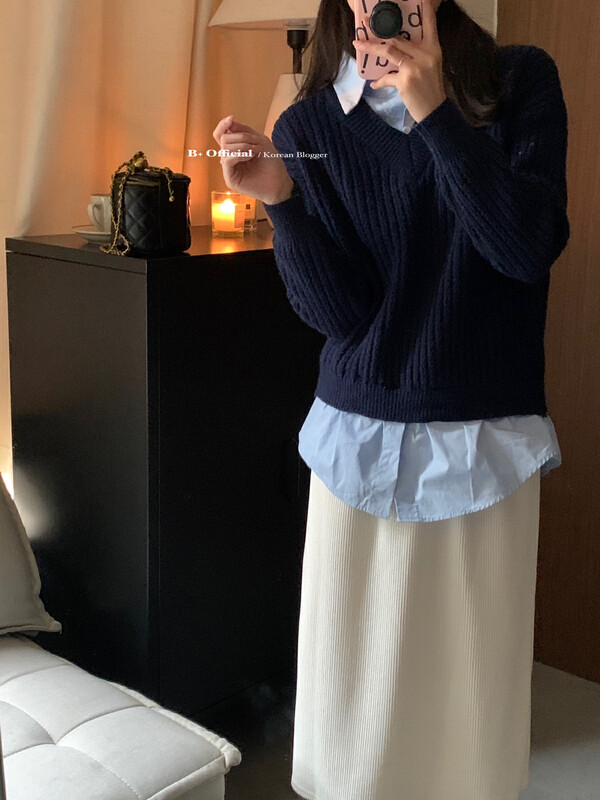 【B Plus】Korean version simple daily commuting fake two-piece design stitching sweater 22-8361-2