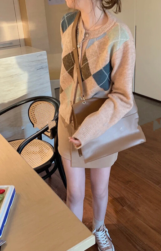 【Y.JIA】Korean version of gentle and temperament plaid contrast color single-breasted sweater 850