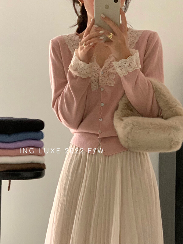 【ING】Lace Stitching V-neck Slim Knitwear w3989