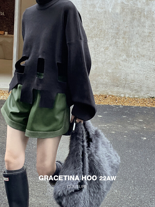 [GRACETINA HOO] Niche Design Suede Stitching Feel PU Leather Casual Shorts Lazy Loose A Swing Looks Thin and Versatile K9263