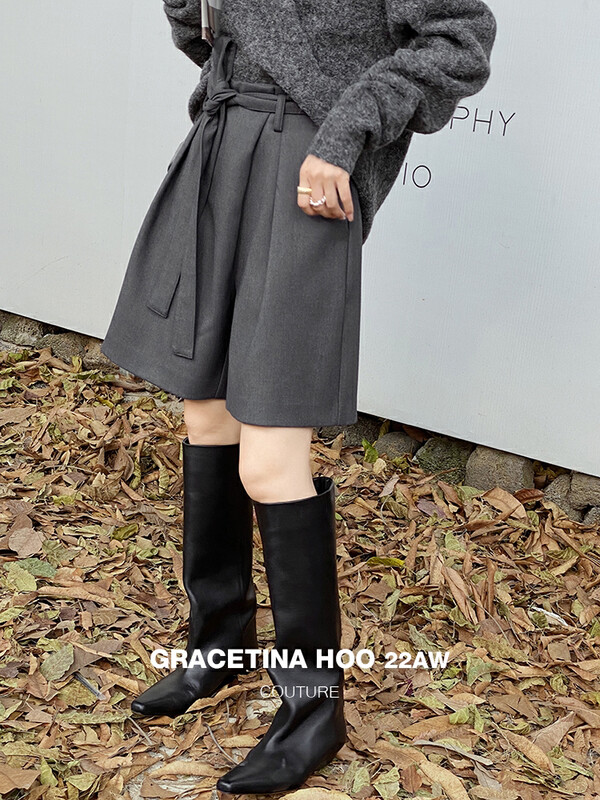 【GRACETINA HOO】Designed strap waist full composite profile casual shorts simple texture wool thickened K9308