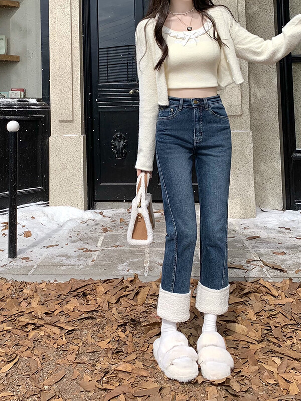 [Timely Rain] Hanfeng ins thickened brushed stitching plush jeans N2189# WPL
