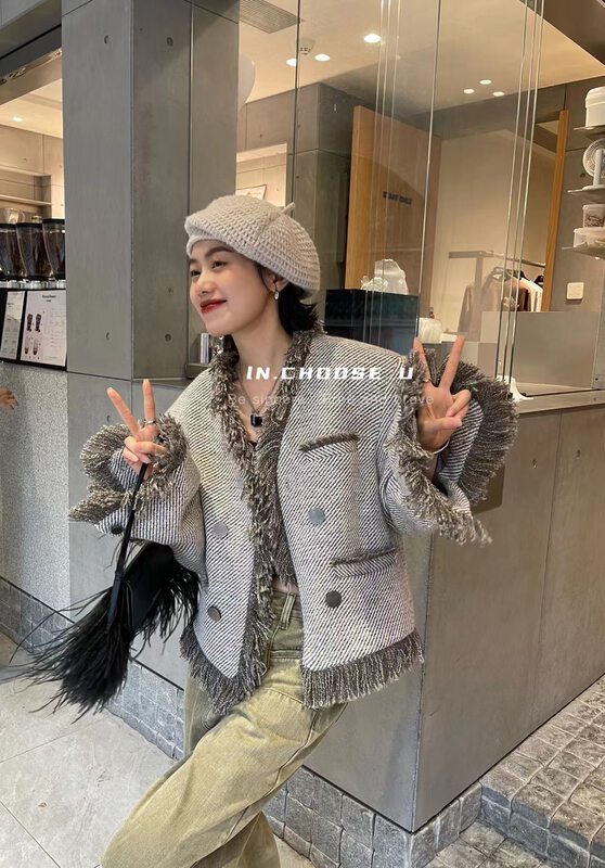 【IN.CHOOSE U】Small Xiangfeng Contrasting Color Tassel Texture Short Jacket (Containing 40% Wool) 66360# CQW