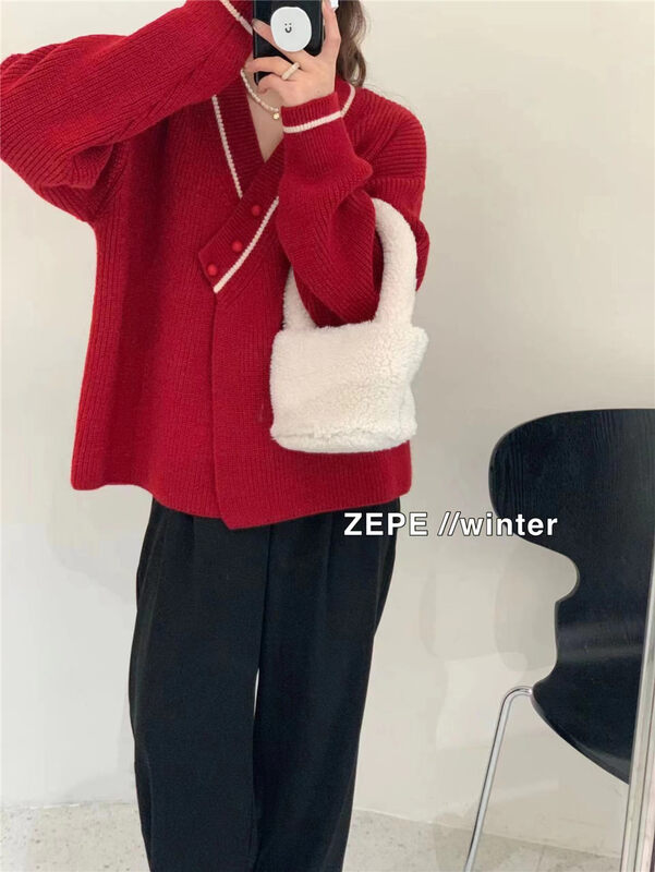 【ZE】V-neck single-breasted color matching comfortable warm sweater 876# L