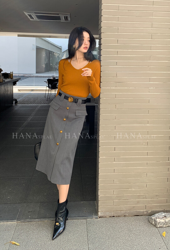 [HANNA Hanna] retro high-waisted skirt with slit single-breasted over-the-knee mid-length one-step skirt (with belt) H3537