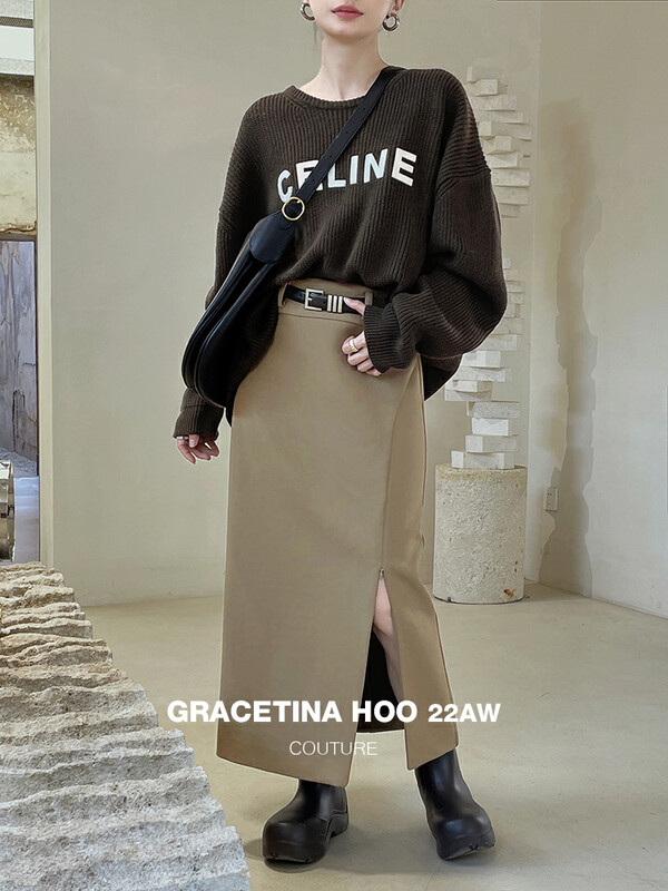 【GRACETINA HOO】Side slit zipper decoration inclusive H-shaped thin all-match skirt thickened hairy wide waist design BQ6311