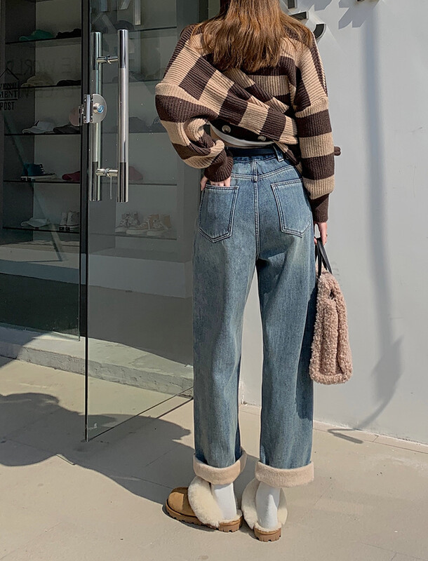 [Timely Rain] Korean style ins plus velvet thickened high waist slim and loose wide-leg jeans (with belt) H1119# WPL