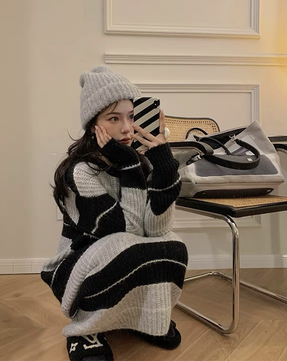 [Y.JIA] French retro all-match slim round neck striped knitted sweater dress 862