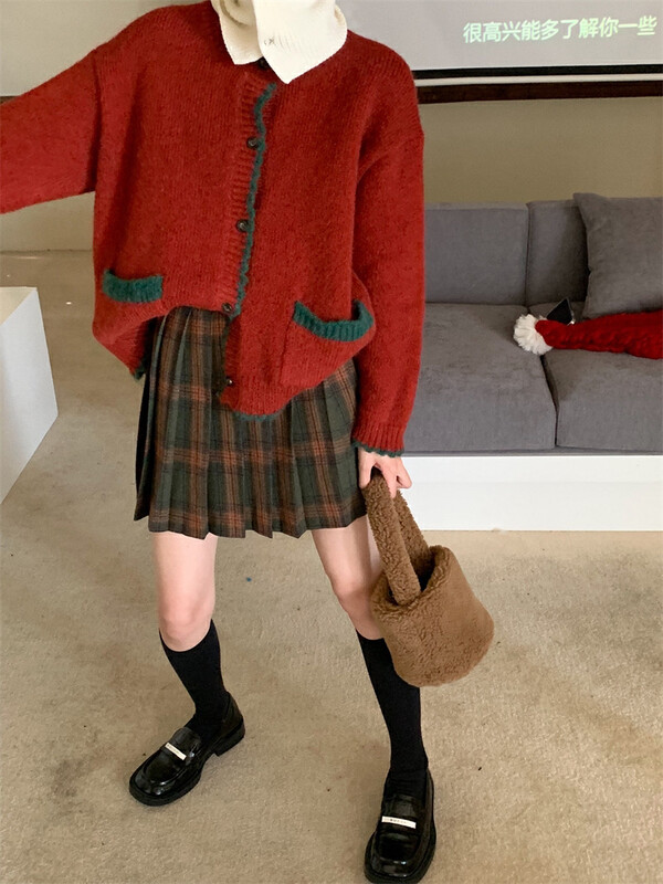 [Timely Rain] Korean style ins retro design contrasting color plaid high waist slimming A-line skirt N022# WPL