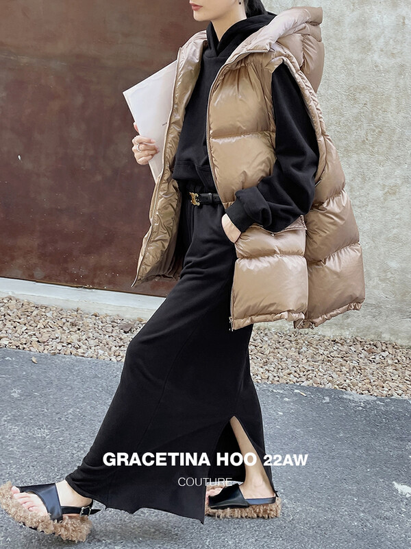 Original price 333.99! [GRACETINA HOO] mid-length loose fashion casual vest down jacket side zipper slit 90 white duck down Y177-1