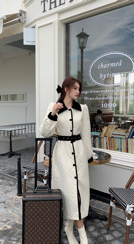 [HANNA Hanna] Rhombus-shaped long cotton-padded coat women's hit color lapel single-breasted button waist thin cotton-padded jacket (with belt) H5569