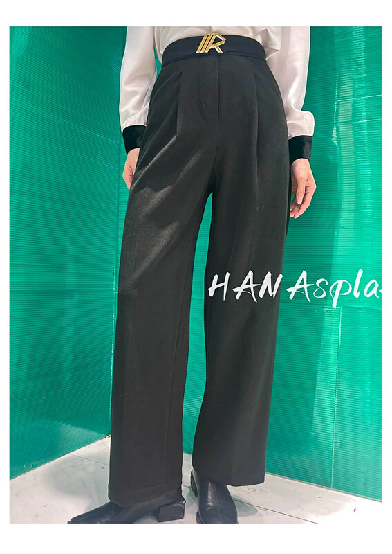 [HANNA Hanna] metal letter decoration wide-leg straight-leg trousers trousers solid color all-match casual pants H3569BD