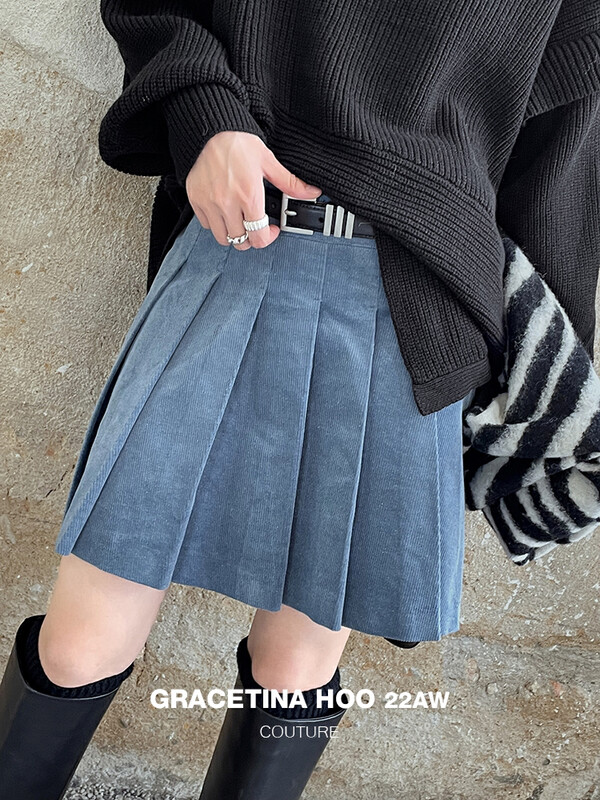 【GRACETINA HOO】Thickened textured corduroy double-waist three-dimensional pleats look thin and all-match skirt A-line swing shows high leg length BQ2282-1