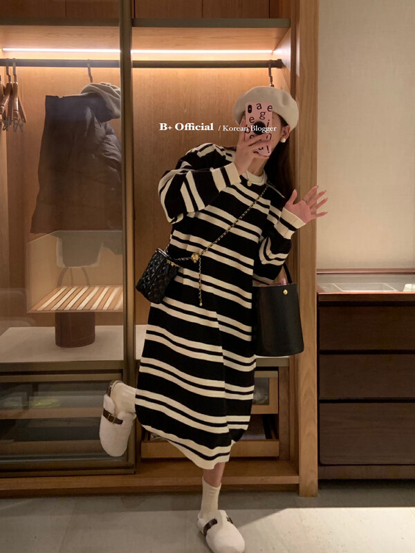 【B plus】Korean style simple lazy striped thick dress 22-8556-2