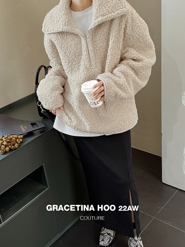 Original price 184.99! [GRACETINA HOO] Composite polar fleece inner heavy industry lazy all-match PU leather trim pullover fur imported environmental protection artificial lamb velvet WT6135