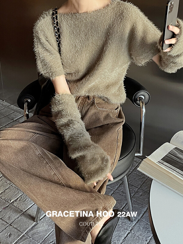 【GRACETINA HOO】Imported soft waxy long-haired paparazzi sweater with detachable sleeves slightly loose lazy all-match Z991