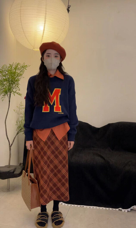 [Timely Rain] Korean style ins retro design contrasting color woolen plaid loose and versatile high waist skirt N4119# WPL
